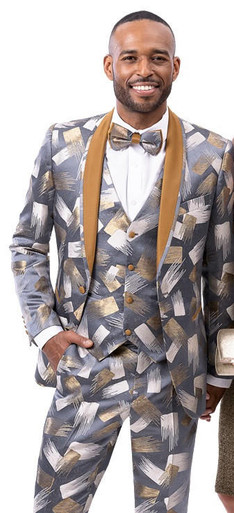 grey suit gold dress Gray Groom's Suit With Champagne Accents
