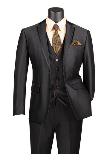 Vinci Men's Slim Fit Fancy Prom Suit Formal Shiny Black SV2D-1