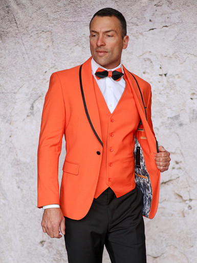 Manzini Mens Bright Orange Fitted Prom Suit Tuxedo Sunset