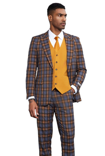 Stacy Adams Men's Plaid Suit Three Piece Blue Gold SM177H1-24