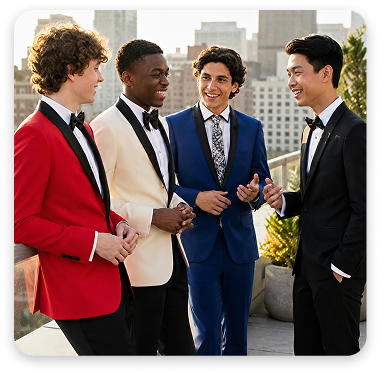 Men in tuxedos on a rooftop