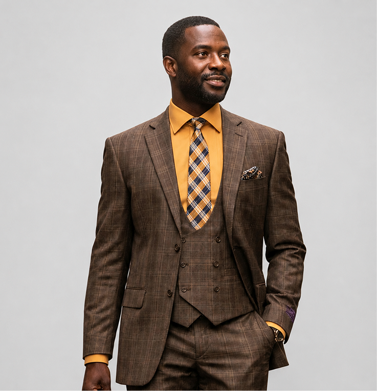 Man wearing a brown plaid three-piece suit