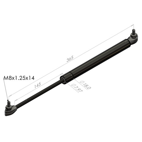 365MM EXTENDED 145MM STROKE 8x18 STEEL GAS STRUT C184-145-XXXX-818-B0P-B0P