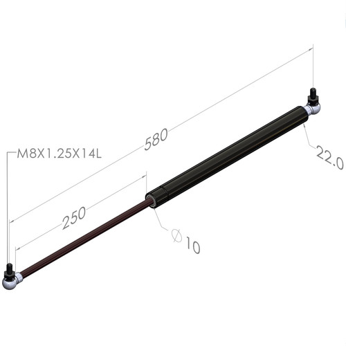 580MM EXTENDED 250MM STROKE 10x22 STEEL GAS STRUT C290-250-XXXX-1022-B2S-B2S