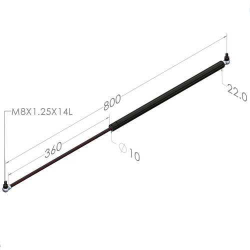 800MM EXTENDED 360MM STROKE 10x22 STEEL GAS STRUT C400-360-XXXX-1022-B2S-B2S