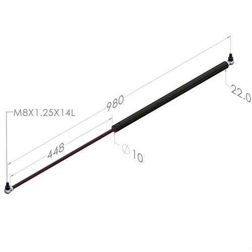 980MM EXTENDED 448MM STROKE 10x22 STEEL GAS STRUT C492-448-XXXX-1022-B2S-B2S