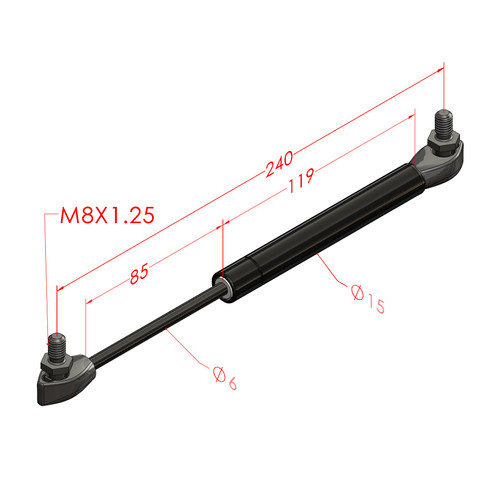 240MM EXTENDED 85MM STROKE 6x15 STEEL GAS STRUT C119-085-XXXX-615-B0P-B0P