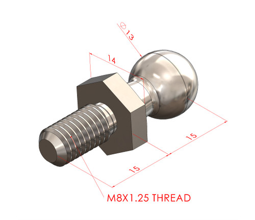 13MM BALL STUD M8x1.25X15L STAINLESS NATURAL