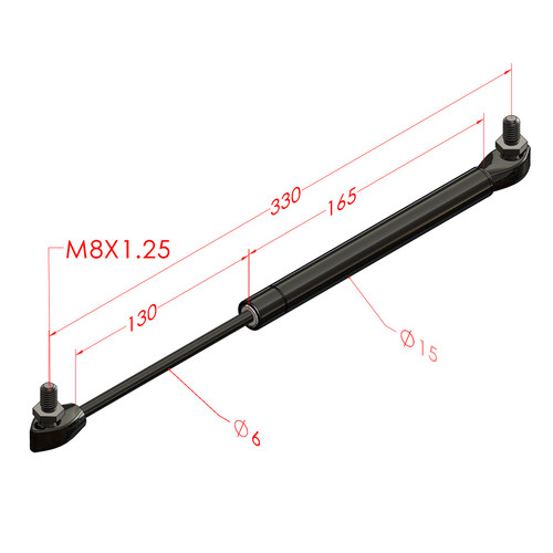 332MM EXTENDED 130MM STROKE 6x15 STEEL GAS STRUT C165-130-0200-615-B0A-B08