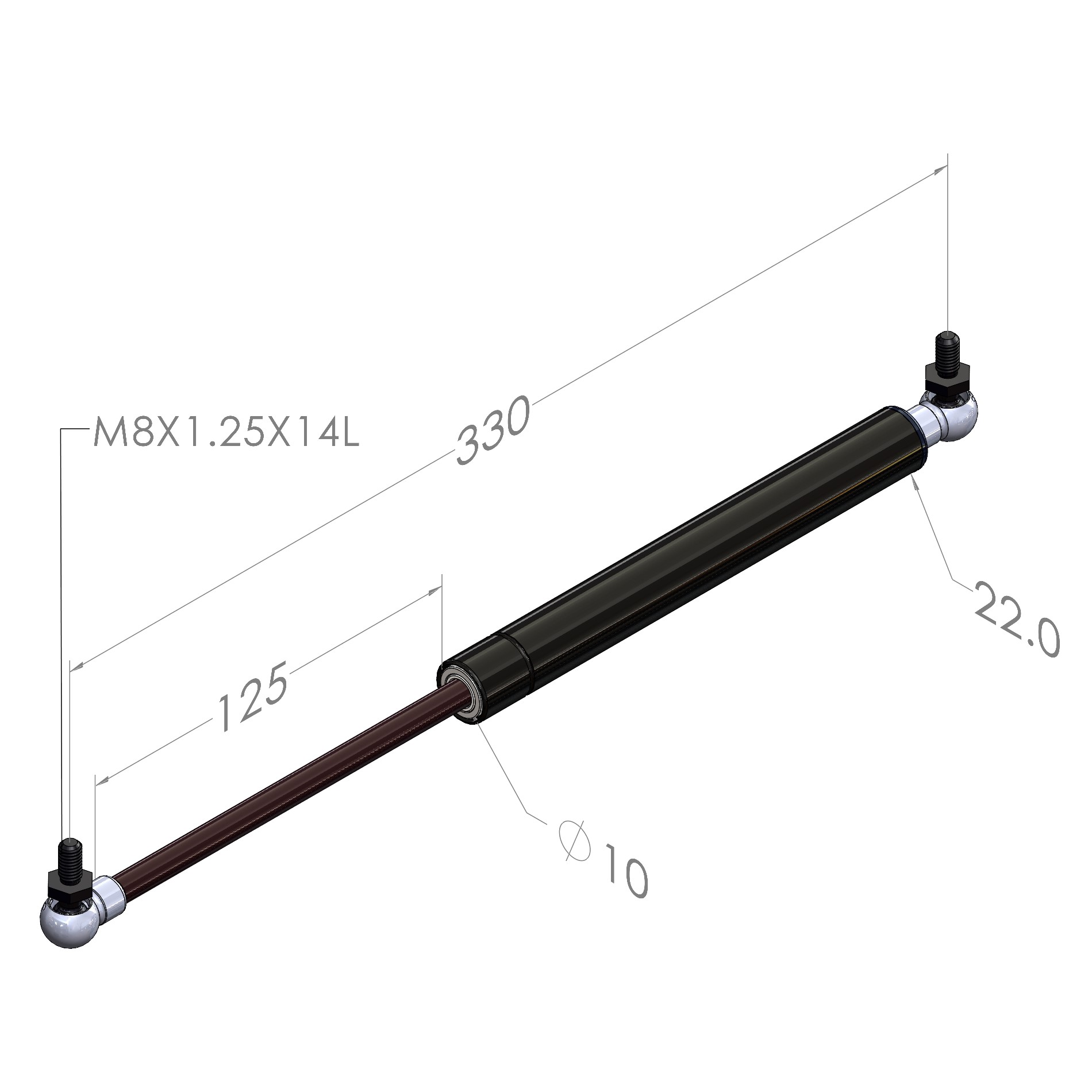 330MM EXTENDED 125MM STROKE 10x22 STEEL GAS STRUT C165-125