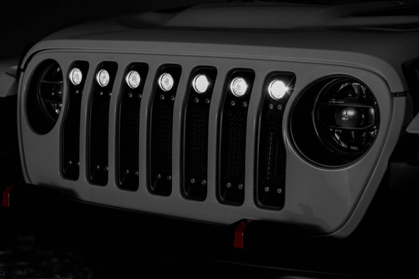 T-Rex 6314931 Torch Series Black Mesh Grille with Chrome Studs and (7) 2" Round LED Lights for 18-23 Jeep Wrangler JL