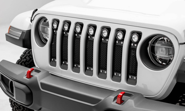 T-Rex 6314931 Torch Series Black Mesh Grille with Chrome Studs and (7) 2" Round LED Lights for 18-23 Jeep Wrangler JL