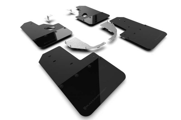 Rally Armor Black Mud Flap | Metallic Black Logo For Vehicles With Factory Rock Rails and Steel Rear Bumper MF85-RR-ST-MBK