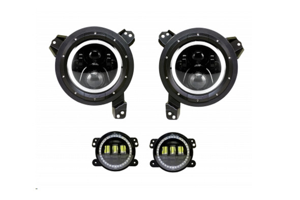 Quake LED White DRL Halo and Amber Turn Signal Headlight/Fog Light Set
