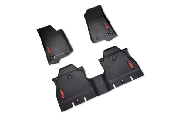 Mopar 82216623AB All-Weather Front & Rear Floor Liner Set with Red Jeep Logo for 18-26 Jeep Wrangler JL Unlimited