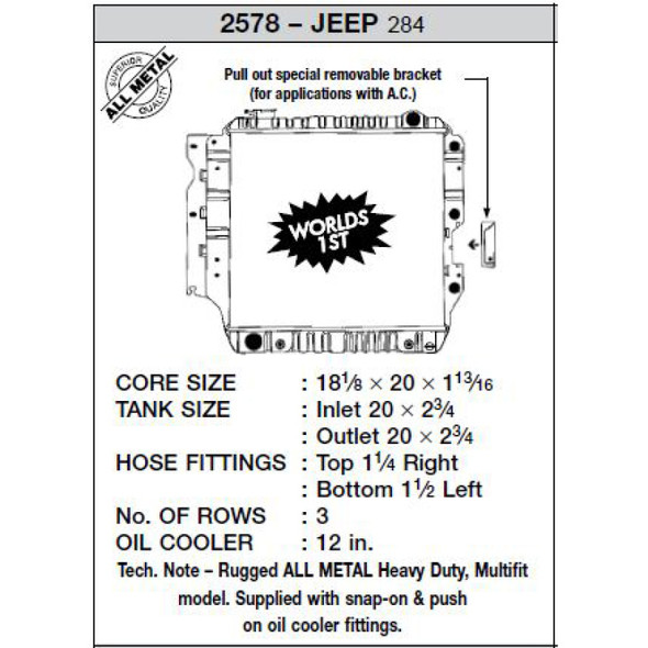 CSF 2578 Heavy Duty 3-Row All-Metal Radiator with Copper Core for 87-04 Jeep Wrangler YJ, TJ & Unlimited with 2.5L/4.0L/4.2L