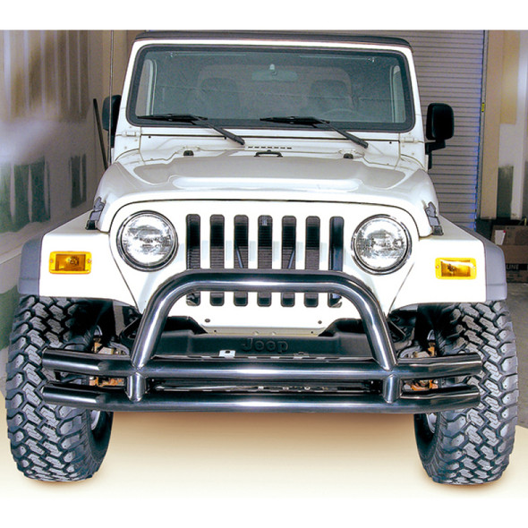 Rugged Ridge 11560.01 Double Tube Front Bumper with Hoop in Gloss Black for 76-06 Jeep CJ-5, CJ-7, CJ-8 Scrambler, Wrangler YJ, TJ & Unlimited