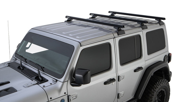 Rhino-Rack HD 59" 3-Bar Backbone Roof Rack in Black with Passenger Side Batwing Awning for 18-20 Jeep Wrangler JL Unlimited 4 Door Hardtop