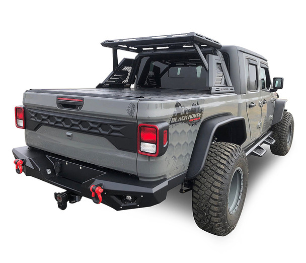 Black Horse Off Road AR2-09BA3-PLFR Armour II Roll Bar Kit with Basket & Four 5.3" Round LED Light Kit in Red for 20-25 Jeep Gladiator JT