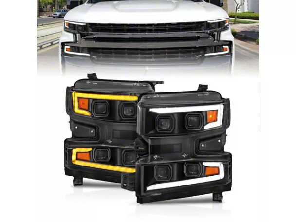 Full LED Projector Headlights with Switchback Light Bar; Black Housing; Clear Lens - Silverado 1500 Head Lights