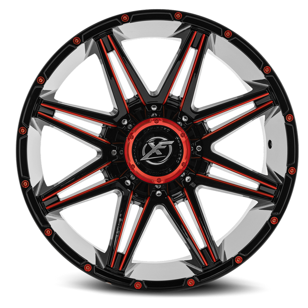 XF Offroad Wheels XF-220 Gloss Black Red Milled 20x10 -24mm Offset 5x127 (5x5),5x139.7 (5x5.5) | Fits Jeep Wrangler 07-Present and Jeep Gladiator