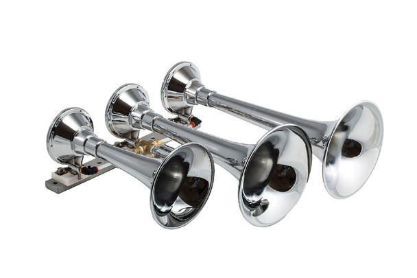 Kleinn Chrome Plated Spun Copper Triple Train Horns w/ Flat Rack Mount |630
