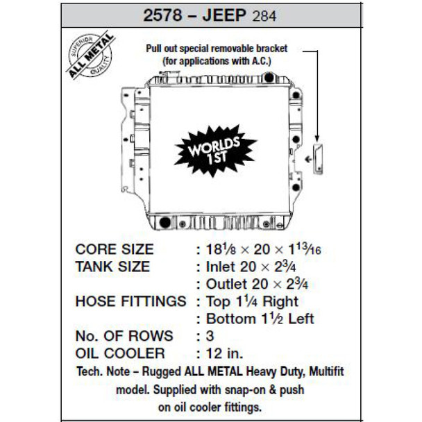 CSF 2578 Heavy Duty 3-Row All-Metal Radiator with Copper Core for 87-04 Jeep Wrangler YJ, TJ & Unlimited with 2.5L/4.0L/4.2L