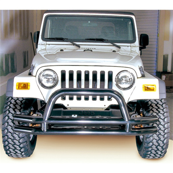 Rugged Ridge 11560.01 Double Tube Front Bumper with Hoop in Gloss Black for 76-06 Jeep CJ-5, CJ-7, CJ-8 Scrambler, Wrangler YJ, TJ & Unlimited