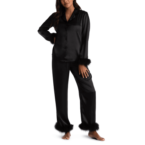 Linea Donatella Marabou Satin Pyjamas MBJ045 Black Front