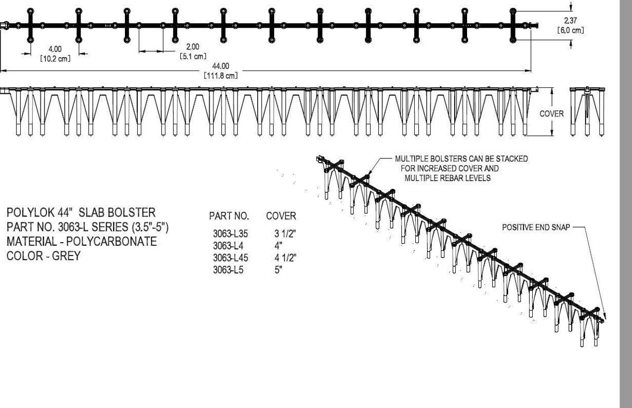 Polylok 3063L125 Slab Bolster 44" x 1 1/4" Cover (Stackable) (Case of 125) Concrete Rebar