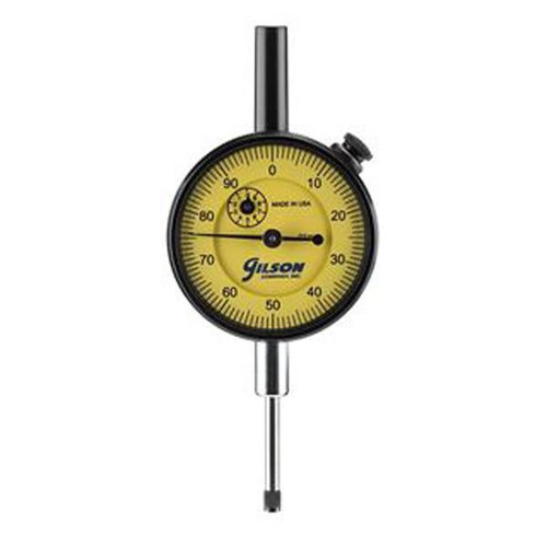 Gilson Company Mechanical Dial Indicator, 25 x 0.01mm (Range x Division), with a yellow dial face, black markings, and a metal stem for precise measurements.