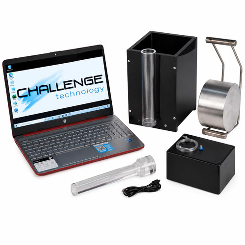 Gilson Company Asphalt Bulk Specific Gravity & Density Testing Device, laboratory testing equipment with a laptop, cylindrical container, black and metallic components for asphalt testing.