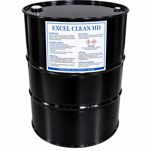 Gilson Company Excel Clean HD Extraction Solvent, 55 Gallon black industrial drum with label displaying product information.