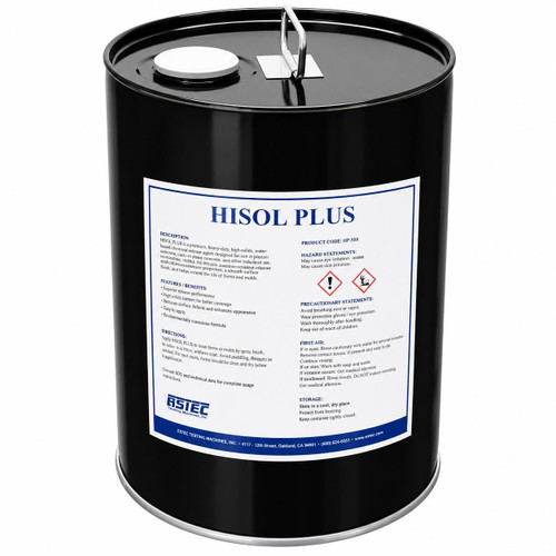 Gilson Company Hisol Plus Extraction Solvent, 5 Gallons, black metal container with detailed product label containing safety and usage instructions.
