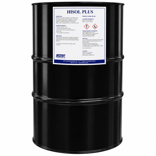 Gilson Company Hisol Plus Extraction Solvent, 55 Gallon black drum with safety and handling labels for industrial chemical