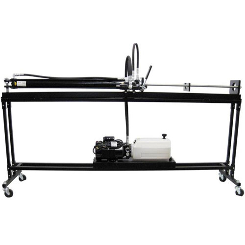 Houghton Manufacturing Hydraulic Sample Extruder Stand, black metal frame with hydraulic system, hoses, and adjustable components for laboratory sample testing.