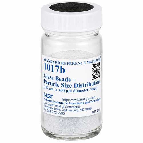 Gilson Company NIST Glass Beads for Sieves, #45 to #140, in a clear jar with a white lid and a label showing particle size distribution from 109 to 400 micrometers.