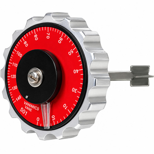 Humboldt Mfg. Geovane Soil Shear Strength Tester, close-up of the pressure gauge with a red background and metallic body.