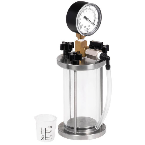 Gilson Company Calcium Carbonate Content Chamber, laboratory equipment for analyzing calcium carbonate content with a pressure gauge, brass fittings, and clear cylindrical chamber.