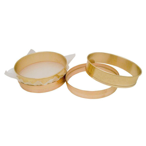 Gilson Company Two-Part Replaceable Mesh Sieve Frame for No.100–7um, Brass, with multiple sieve frames stacked