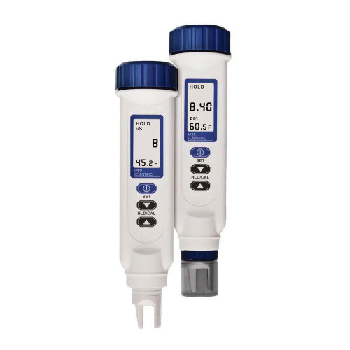 Sper Scientific Large Display Salinity Pen, two handheld digital refractometers with large LCD screens for measuring salt concentration in solutions.