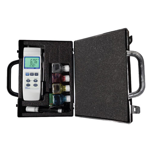 Sper Scientific Water Quality Meter pH Kit, portable digital pH meter with probes and calibration solutions in a carrying case.