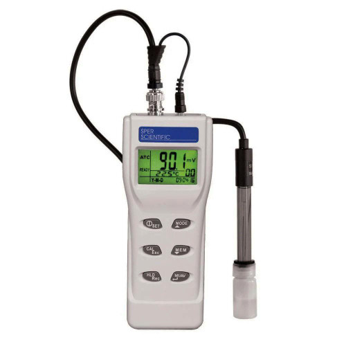 Sper Scientific Advanced pH Meter, handheld digital pH testing device with probe and LCD display showing pH 9.01