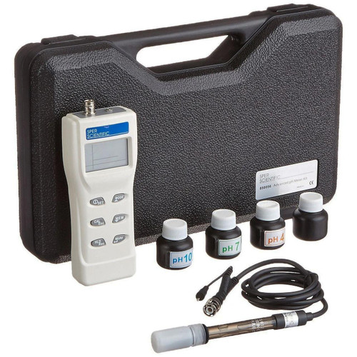 Sper Scientific Advanced pH Meter Kit, portable handheld pH measurement device with calibration solutions and probes in a black carrying case.