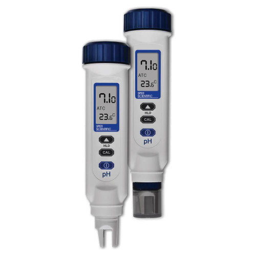 Sper Scientific Large Display ATC 0.01 pH Pen, digital pH meter with large screen and blue buttons for calibration and hold functions.
