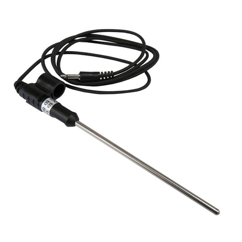 Sper Scientific ATC Temperature Probe, long stainless steel sensing probe with black insulated cable and connector.