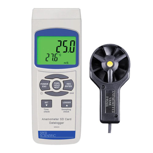 Sper Scientific Anemometer SD Card Logger, handheld digital device for measuring wind speed with a detachable sensor and a large digital display.