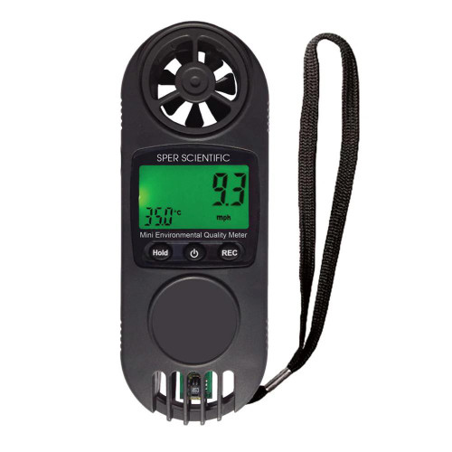 Sper Scientific Mini Environmental Quality Meter (3 Parameters), handheld device with digital display showing temperature and humidity, featuring a built-in anemometer and test probe for measuring environmental conditions.