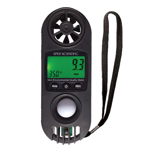 Sper Scientific Mini Environmental Advanced Meter 12 Parameters, handheld device with digital display, sensors, and strap for environmental measurements.