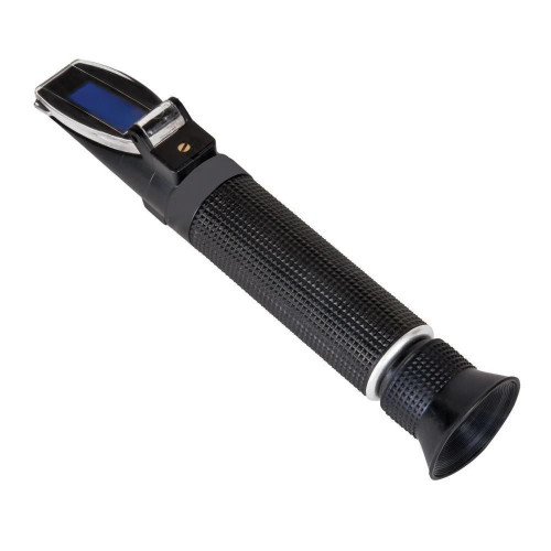 Sper Scientific Sugar/Brix Refractometer 0-32%, handheld device with a digital display and textured black handle used for measuring sugar concentration in liquids.